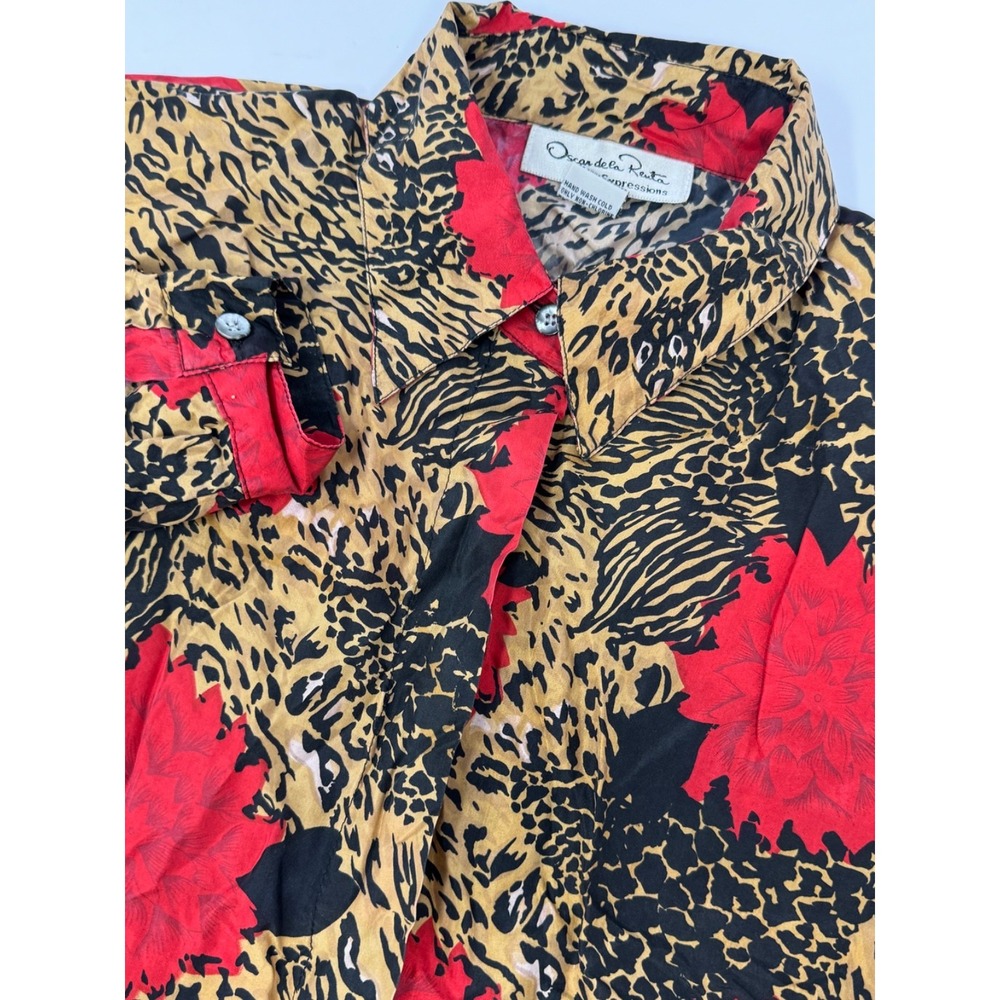 Vtg Oscar de la Renta Expressions Silk Blouse Red/Black/Tan Floral Sz Medium G1